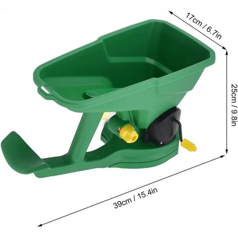 Green hand held seed spreader with 5 gear adjust, 1.5L capacity, for gardens and lawns, easy one-handed tool with dimensions.