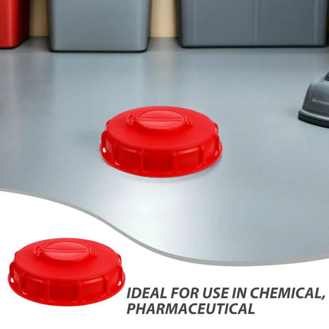 Two Pack Red Abs Ibc Container Lid Covers With Vent Holes And Valve Caps For Secure Sealing Quick Liquid Access Smooth Flow Protection On 550 Gallon Water Barrels on gray floor