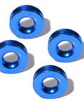 Four blue anodized aluminum recovery snatch rings for Four Pack One Half Inch Green Synthetic Soft Shackle Rope With Protective Sleeve And Four Blue Anodized Aluminum Recovery Snatch Rings For Off Road Recovery Marine Farming Industrial Mining UTV ATV SUV Truck 41,000 Lbs Minimum Break Strength, arranged in a flat lay.