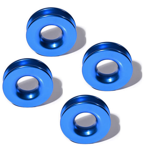 Four blue anodized aluminum recovery snatch rings for Four Pack One Half Inch Green Synthetic Soft Shackle Rope With Protective Sleeve And Four Blue Anodized Aluminum Recovery Snatch Rings For Off Road Recovery Marine Farming Industrial Mining UTV ATV SUV Truck 41,000 Lbs Minimum Break Strength, arranged in a flat lay.