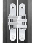 Two Pack Sleek Concealed Cross Hinge For Cabinets And Front Doors 180 Degree Hidden Hinge Made From Zinc Alloy With Silver Brushed Finish