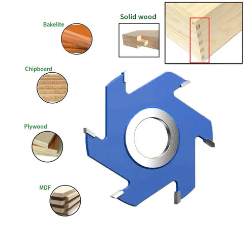 Six Wing Carbide Slot Cutter For Wood Milling with Heavy Duty Rabbeting, shown with wood material compatibility options.