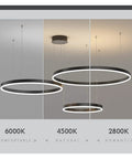 Spacious Circle Pendant Light Built With Heavy Duty Aluminum And Offering Hella Bright White Glow Smooth Rust Proof Finish Great For Large Dining Rooms Kitchens Or Open Lofts Serving Up Top Tier Daily Illumination, showing three different light temperatures.