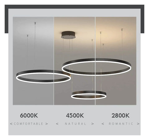 Modern Large Black Aluminum Circle Pendant Light Sleek Ceiling Lamp showcasing three color temperatures above a ceiling.
