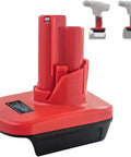 M18 To M12 Battery Adapter For Milwaukee 18V Tools converts 18V lithium battery to 12V with drills showing compatibility, red design