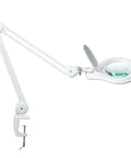 Bifocal LED Magnifying Lamp With Clamp For DIYers, 5 Diopter Plus 20 Diopter, 5 Inch Glass Lens, adjustable arm in white