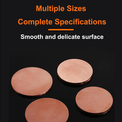 Heavy Duty Solid Copper Round Disc With 110mm Diameter And 1mm Thickness For Cnc Machining And Electrical Wiring, multiple sizes displayed.