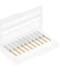 Open case displaying a set of ten Two Millimeter Titanium-Coated Carbide End Mill For PCB Engraving And Milling, One Eighth Inch Shank bits