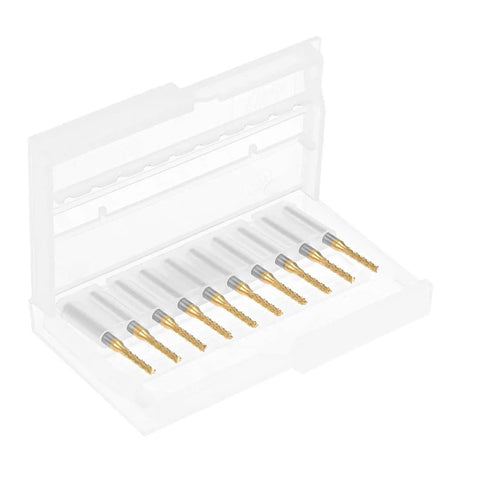 Open case displaying a set of ten Two Millimeter Titanium-Coated Carbide End Mill For PCB Engraving And Milling, One Eighth Inch Shank bits
