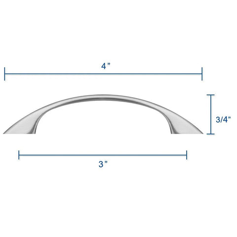 Dimensions of Brushed Satin Nickel Cabinet Pulls Curved Arched Handles For Kitchen Cabinets And Drawers, 3 Inch Hole Centers, 10 Pack