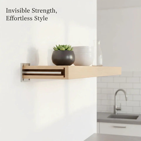 Go-To Hidden Shelf Support Bracket for Floating Shelves in modern kitchen, showcasing seamless design with carbon steel wall mount.