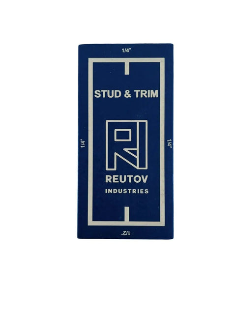 Front view of Reutov Industries magnetic stud finder with trim reveal gauges, focusing on precision measurements for quick installs.