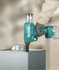 Pro Grade 18V Brushless Cordless Riveter With Serious Pulling Force shown in use on metal panel, highlighting performance and design.