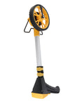 Jiawu Foldable Digital Distance Measuring Wheel, Precision Machined 0-99999.9M Measuring Wheel for Road Land Pavement, side view showing wheel and handle.