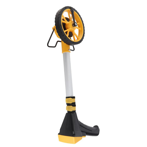 Jiawu Foldable Digital Distance Measuring Wheel, Precision Machined 0-99999.9M Measuring Wheel for Road Land Pavement, side view showing wheel and handle.