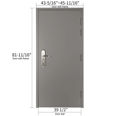Quick Mount Steel Security Door With Frame And Hardware, Gray Right Side Hinged Outward, Adjustable Width From Forty Three And Five Sixteenths Inches To Forty Five And Eleven Sixteenths Inches, Height Eighty One And Eleven Sixteenths Inches