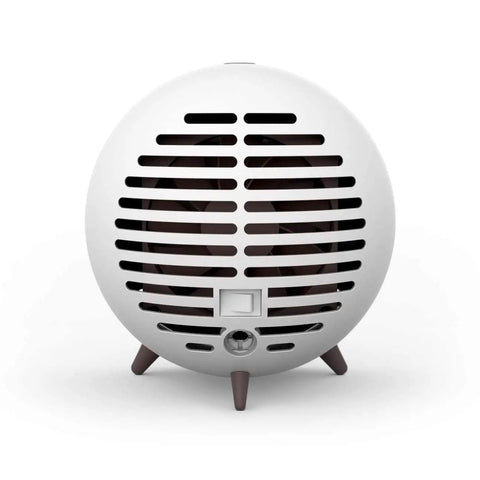 Front view of Portable Space Heater with Detachable Hand Warmer, compact round design, 6 x 6 x 5 inches, white, for desk or small room.