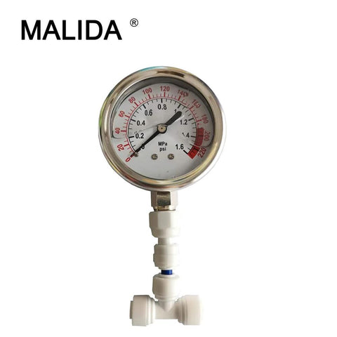 Malida stainless water pressure gauge for aquarium/RO system, 0–1.6 MPa (0–220 psi), 1/4" fitting.