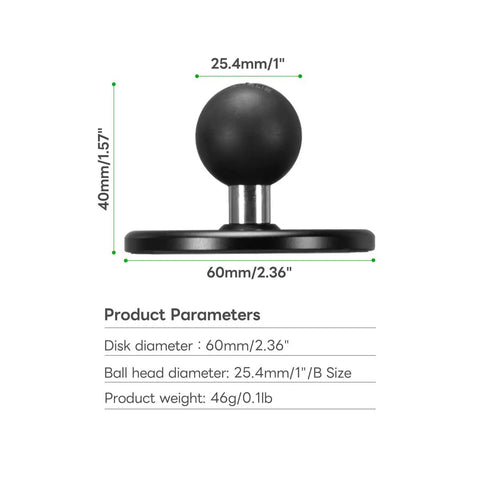 Magnetic Car Phone Holder Base With 1 Inch Ball Head For RAM B Size Mounts showing dimensions and weight.