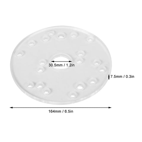 Clear Universal Router Sub Base Plate With Centering Pin And Mounting Screws For Trim Routers, 164mm diameter, 7.5mm thick.