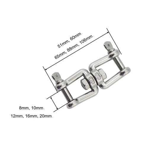 Slick 2 Pack Jaw And Jaw Anchor Swivels Crafted From Tough 304 Stainless Steel For Outdoor Jobs, showcasing dimensions and fittings.