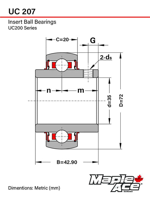 Maple Ace UC207 insert ball bearing, 35mm bore, spherical OD, R3 triple lip seal with set screws and lubrication hole