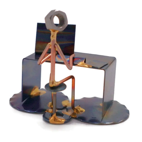 Handmade Metal Software Developer Figurine hand welded recycled metal art desk accessory, seated at desk, USA-made