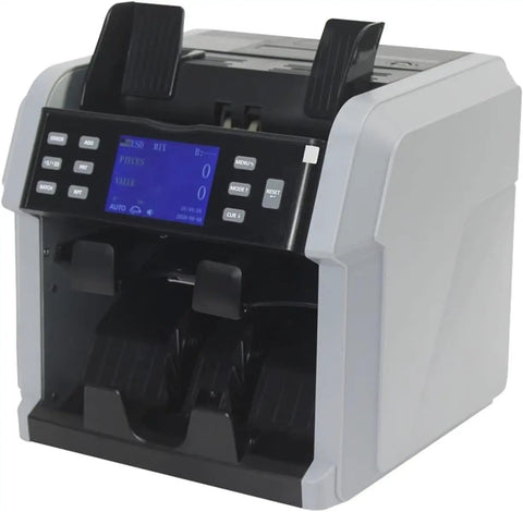 Heavy Duty Money Counter Machine Processes Swift Cash Bills Automatic Denomination Sorting Serial Number Reading Built In Printer Handles Global Currency Straight Up Accuracy with TFT monitor display.