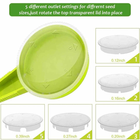 Green seed dispenser with 5 adjustable outlet settings, top transparent lid visible for seed size customization.
