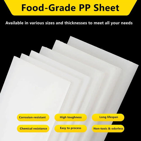 Heavy Duty Polypropylene Sheet 500x500mm 1 To 10mm Thick For CNC Cutting DIY Engineering Industrial Divider And Machine Guard Heat Resistant Plastic Board Resists Acids Alkalis Built To Last For Tough Shop Projects, stacked and labeled with features like corrosion resistant, high toughness, chemical resistance, easy to process, long lifespan, non-toxic and odorless.