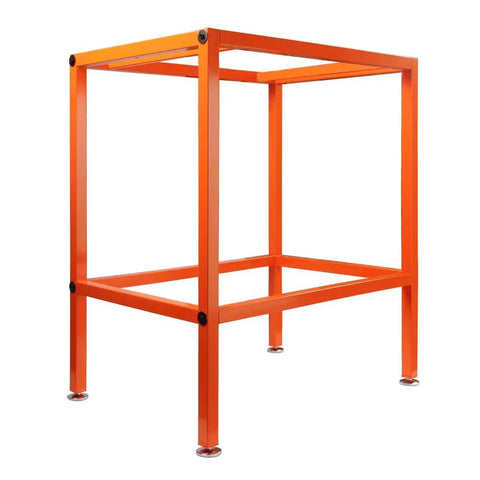 Rock Solid Steel Tool Stand With Adjustable Leveling Feet For Router Tables And Table Saws No Sweat Setup Heavy Duty Workbench Holds Up To Three Hundred Twenty Pounds Shop Ready, orange steel frame.