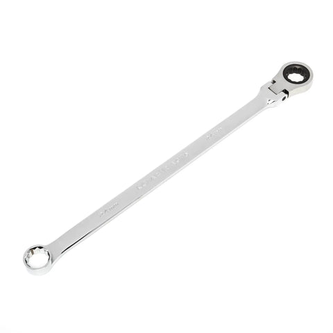 24Mm XL GearBox Flex Head Double Box Ratcheting Wrench, 72 Tooth 12 Point Mechanism, Off Corner Loading, Longer Beam in silver
