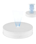 Top Notch 10 Inch Electric Photography Turntable With Super Quiet Motor And Bright LED Spotlight showing a white 10 inch base spinning a glass vase.