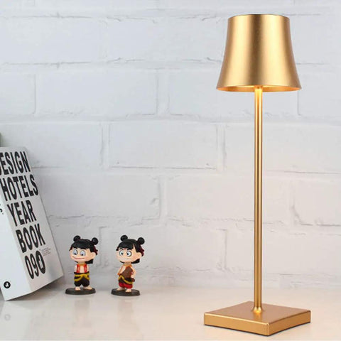 Gold Rechargeable Cordless LED Table Lamp With 5200mAh Battery, All Aluminum Body, IP54 Waterproof, Cozy Warm Glow on desk