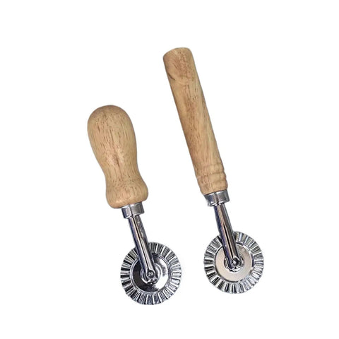 Multipurpose Dough Roller And Pastry Wheel Cutter with wooden handles and round blades for pizza and pastry slicing