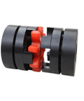 XL Star Type Jaw Coupling With Shock Absorbing Rubber Spider Center Built Like A Tank For Heavy Duty Motor Drives, showing black and red components.