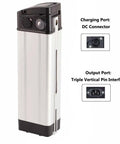 Heavy Duty Electric Bike Lithium Battery Storage Case Compatible With 36 Volt And 48 Volt Packs showing charging and output ports.