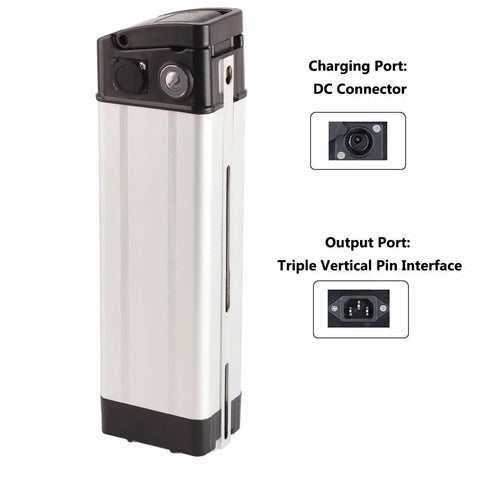 Heavy Duty Electric Bike Lithium Battery Storage Case Compatible With 36 Volt And 48 Volt Packs showing charging and output ports.