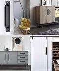 Black Aluminium Alloy Barn Door Handles Set of 2, 7 Inch Sliding Door Pull Handles with Plates installed on cabinets and doors