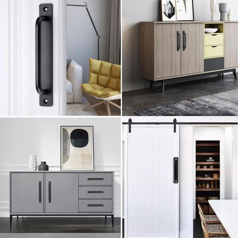 Black Aluminium Alloy Barn Door Handles Set of 2, 7 Inch Sliding Door Pull Handles with Plates installed on cabinets and doors