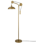 Solid Wheel Pulley Floor Lamp With Brass Dome Shade And Industrial Steel Base, vintage modern design, 8 foot cord displayed