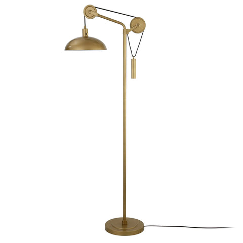 Solid Wheel Pulley Floor Lamp With Brass Dome Shade And Industrial Steel Base, vintage modern design, 8 foot cord displayed
