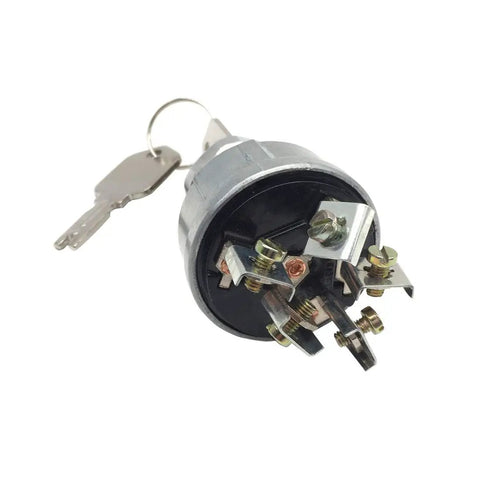 Close-up of ignition switch for Hyster Clark Crown Daewoo forklift models 2394129 272041 108066 aftermarket replacement silver