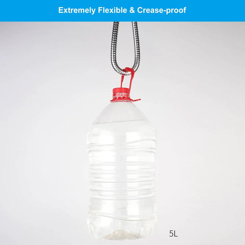 Heavy Duty All Metal Shower Hose 90 Inch Stainless Steel Brass Fittings Chrome supporting a 5L water bottle