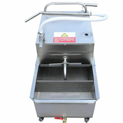Kickass Commercial Fryer Filter With 550 Watt Pump And 55 Liter Tank, heavy-duty stainless steel oil filtration cart with drain.
