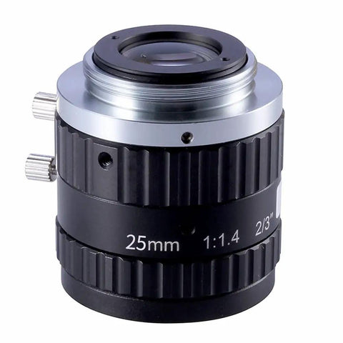 Twenty Five Millimeter Fixed Lens with C Mount for Machine Vision Cams, Low Distortion, Compact Design, Locking Screws for Industrial Use