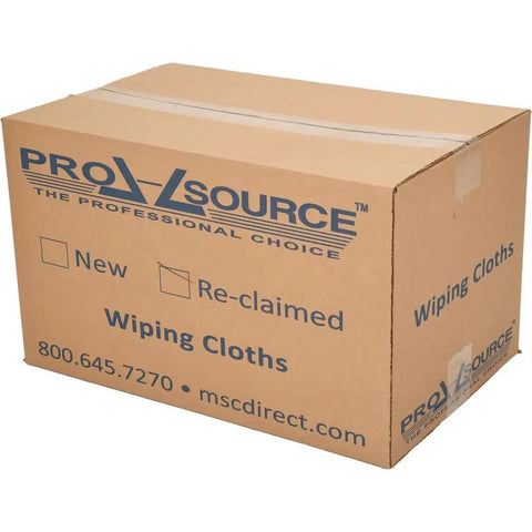 Cardboard box labeled 'Wiping Cloths' for Reclaimed Cotton Polishing And Dust Cloths Assorted Colors Flannel Low Lint 25 Lb Pack 3 To 4 Pcs Per Pound Pro Grade Auto Detailing And Home Shop Cleaning.