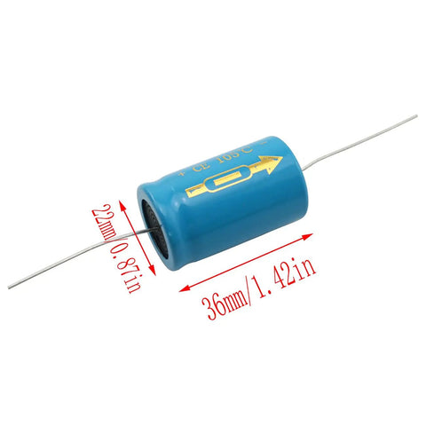 Two Pack 2200uf 63v 22X36Mm Through Hole Axial Electrolytic Capacitors with blue casing, 36mm x 22mm size for reliable power supply fixes.