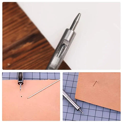 Close-up of 10 Pack Leather Hole Punch Set 0.5mm To 3.5mm Hollow Punches used on leather, showing clean, precise holes with carbon steel tool.