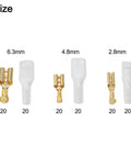 Massive 120 Piece Wire Terminal Crimp Connector Kit With Insulated Sleeves, Male Female Spade Lug Assortment For 2.8mm 4.8mm 6.3mm Copper Electrical Connectors Perfect For Auto Home Audio Repair Projects. Size chart of 6.3mm, 4.8mm and 2.8mm insulated copper terminals